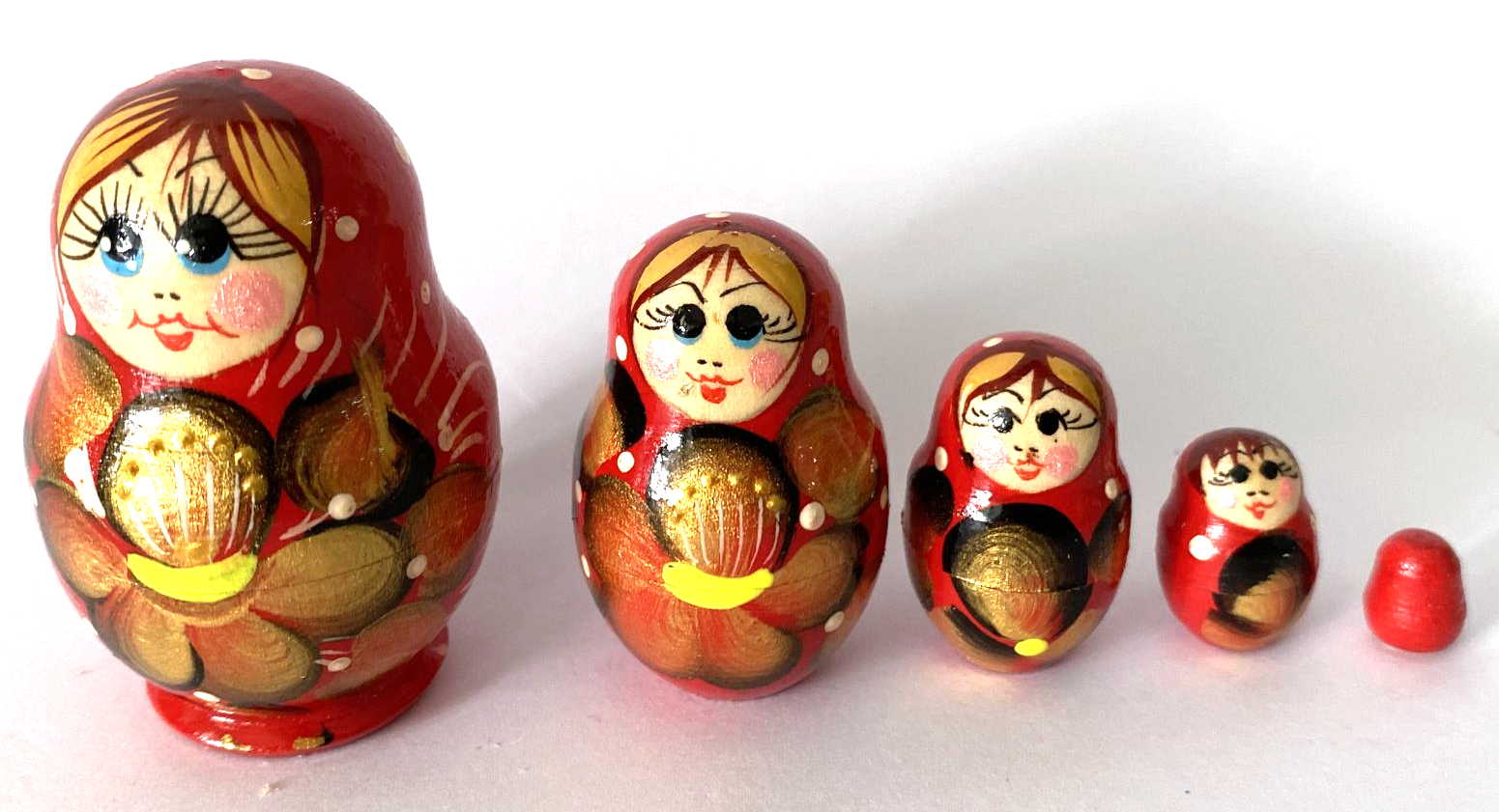 Miniature Red & Gold Sunflower Nesting Dolls – 5 Nested Set - 55mm
