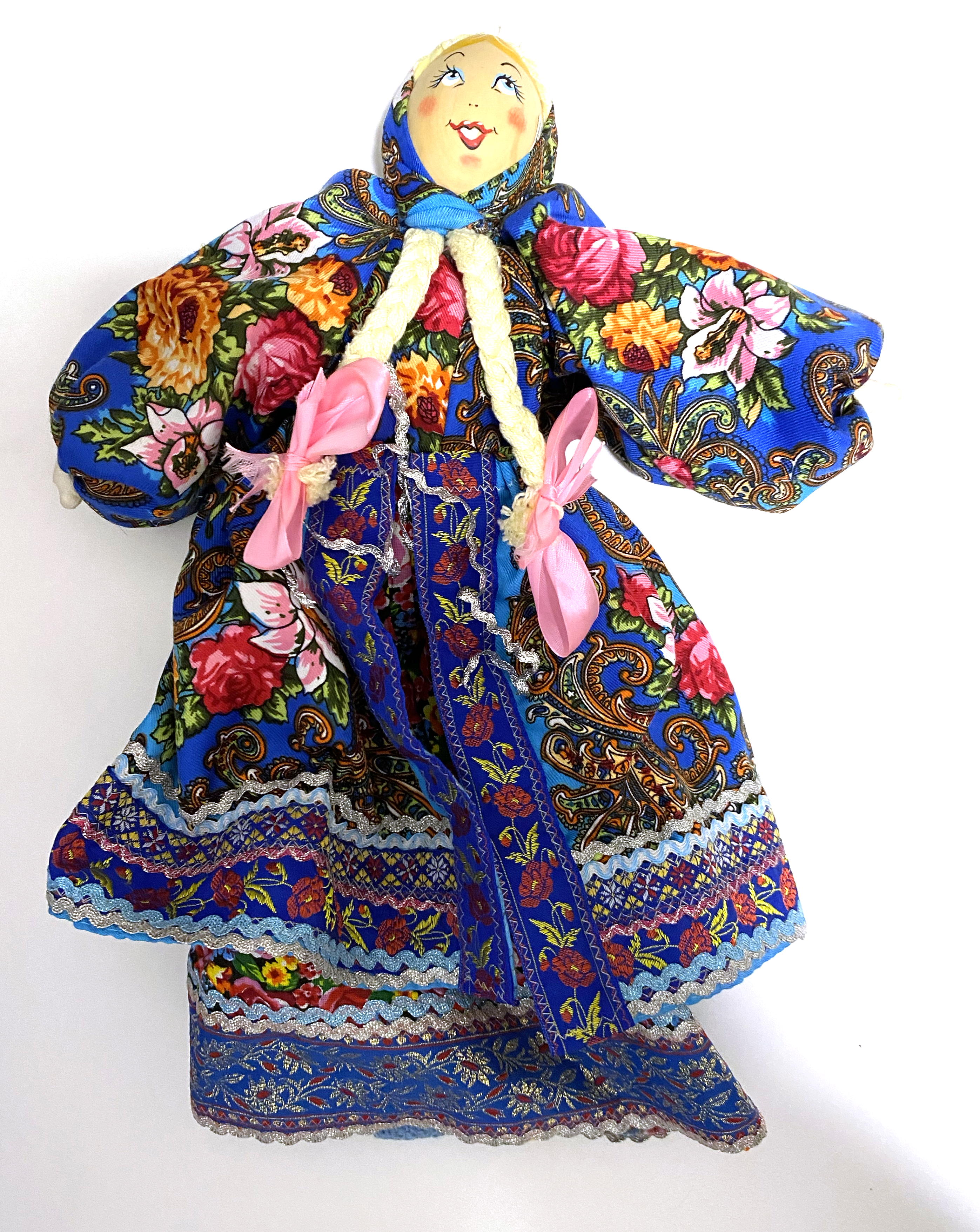 Cloth doll with wooden face, girl in blue sarafan
