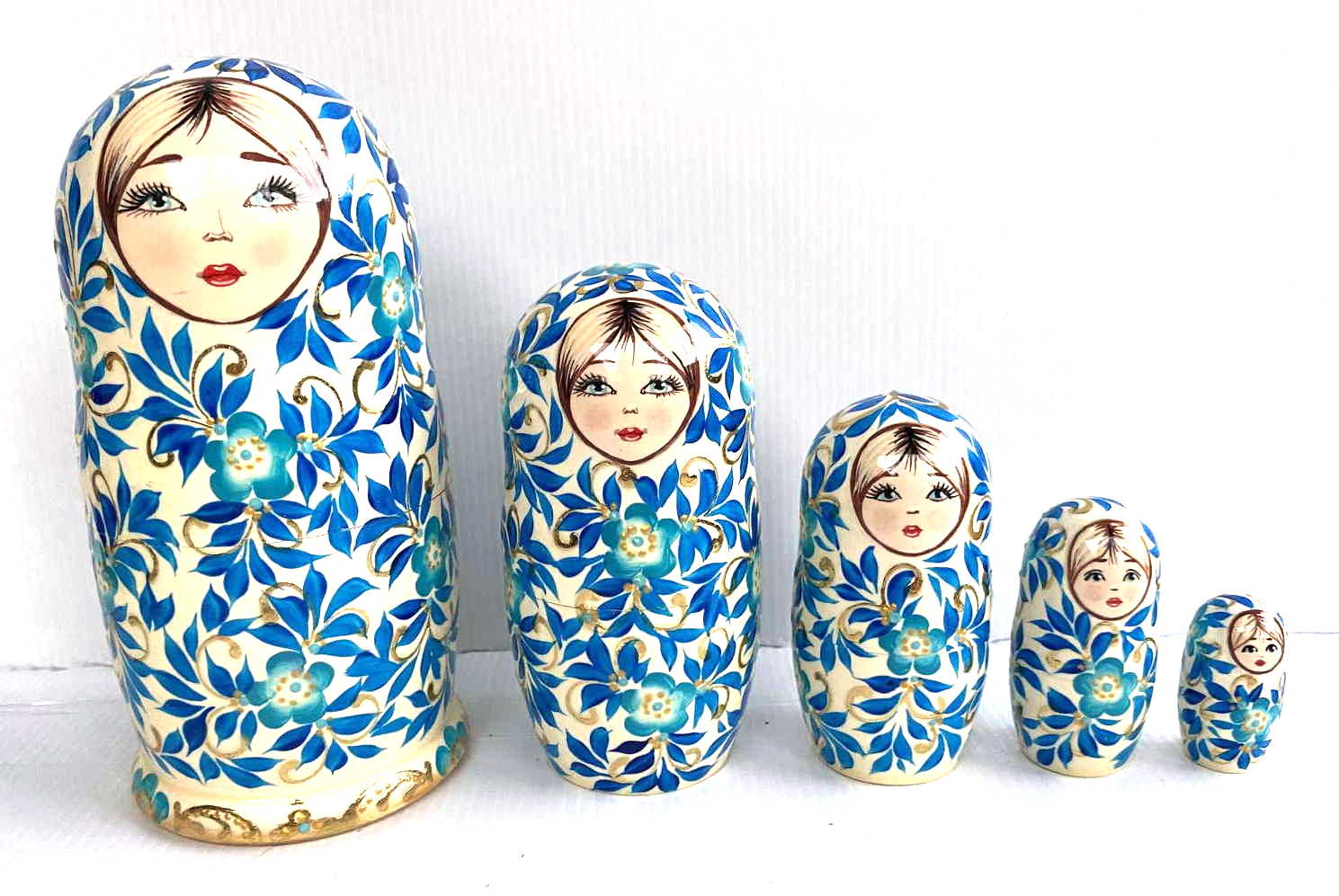 Blue & White Floral Nesting Dolls - 5 Nested Set, Initialled N.S.