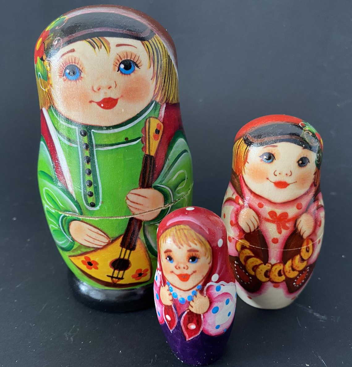 Russian Balalaika Player Nesting Dolls - 3 Nested Set (Green)