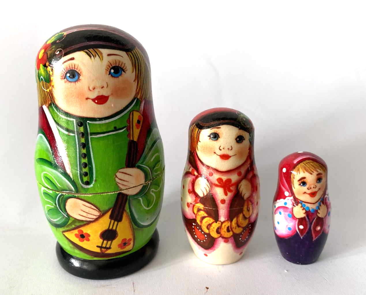 Russian Balalaika Player Nesting Dolls - 3 Nested Set (Green)