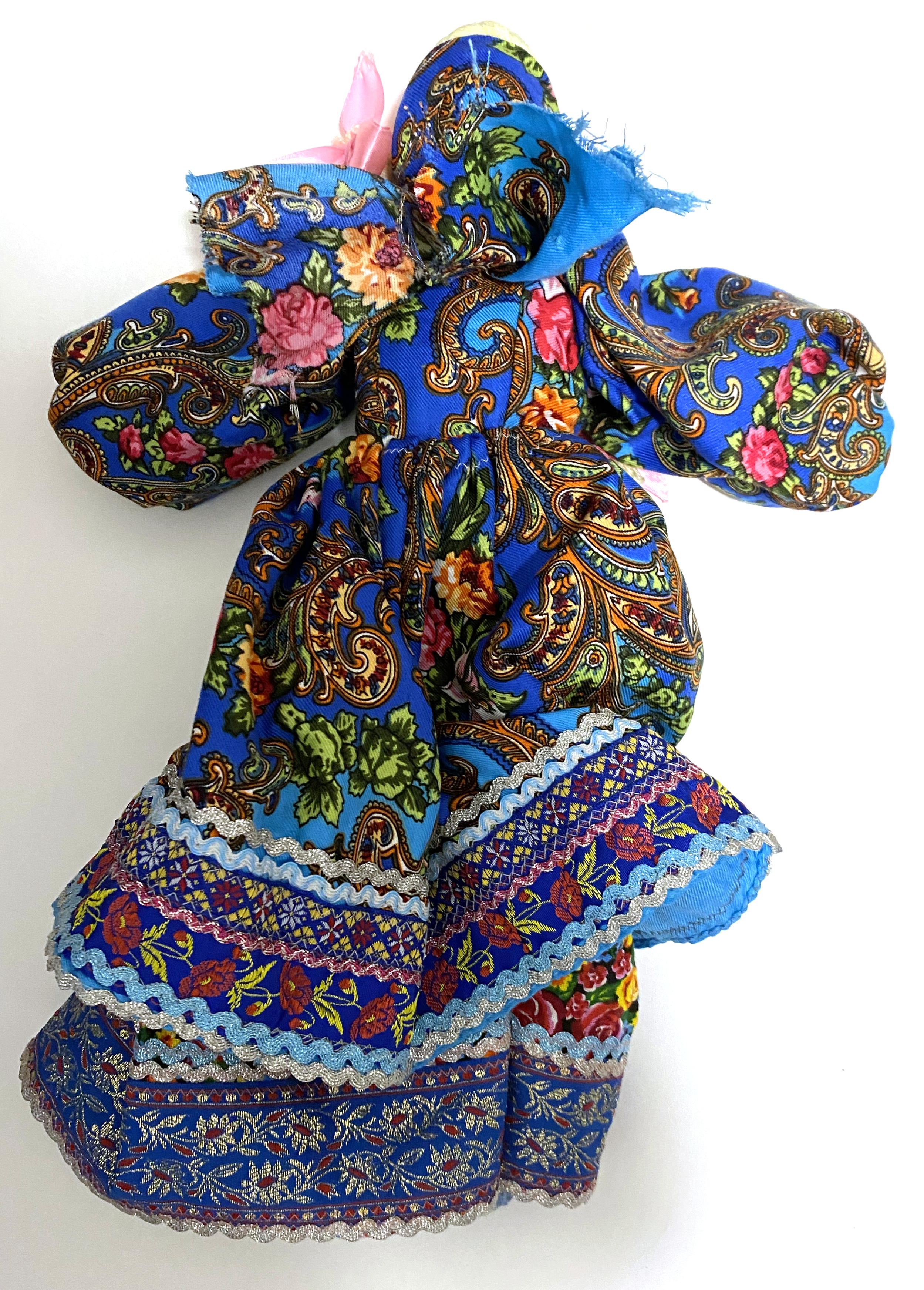 Cloth doll with wooden face, girl in blue sarafan