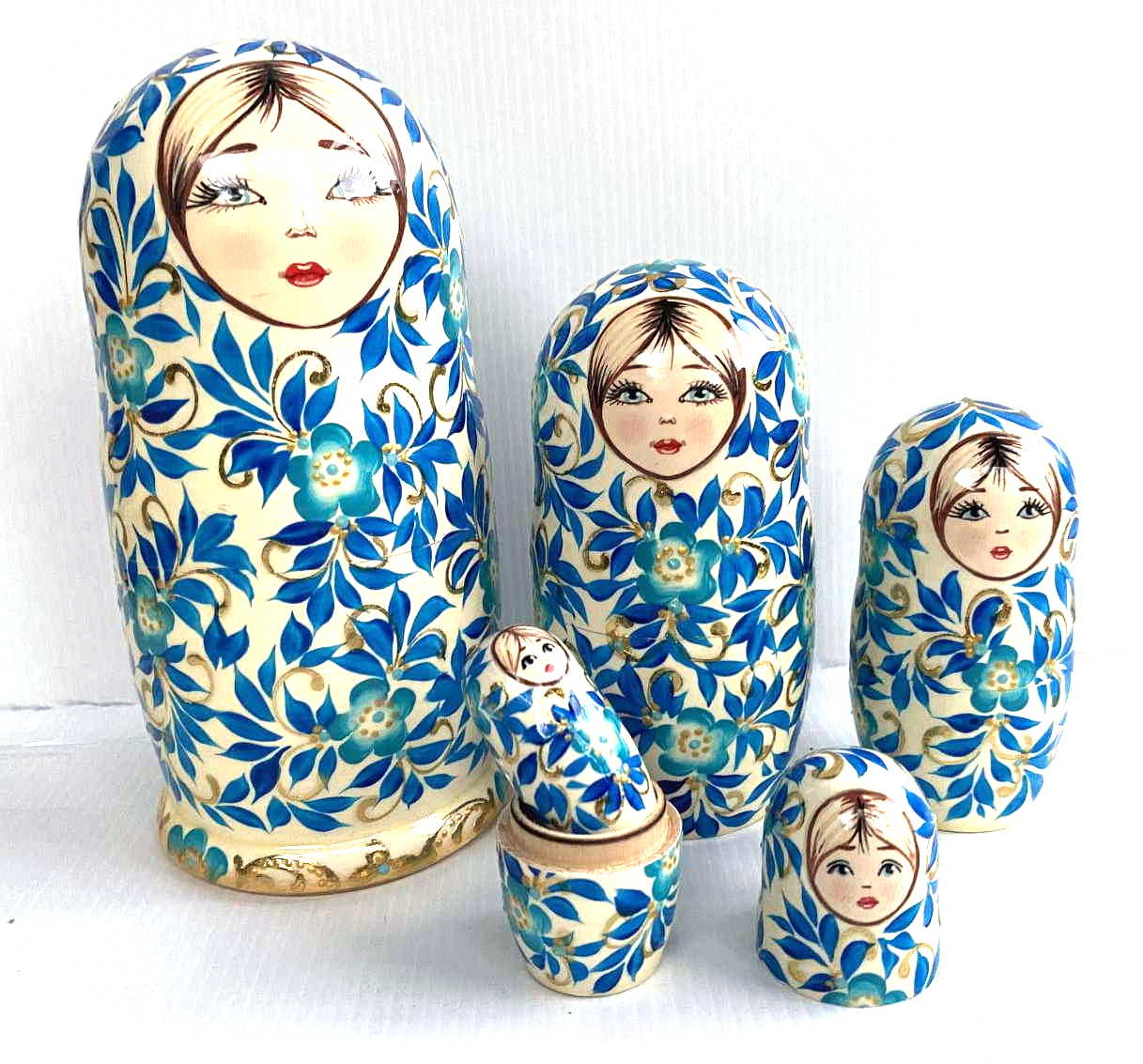 Blue & White Floral Nesting Dolls - 5 Nested Set, Initialled N.S.