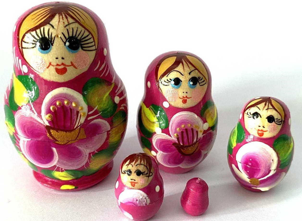 Miniature Pink Lotus & Green Leaf Nesting Dolls – 5 Nested Set - 55mm