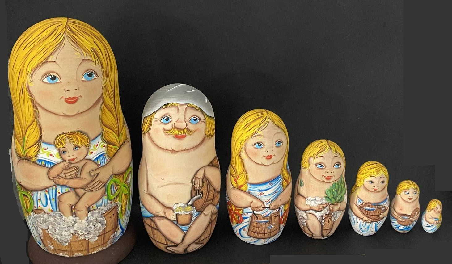Russian Banya Matryoshka – Artist Signed – 7 Nested Set
