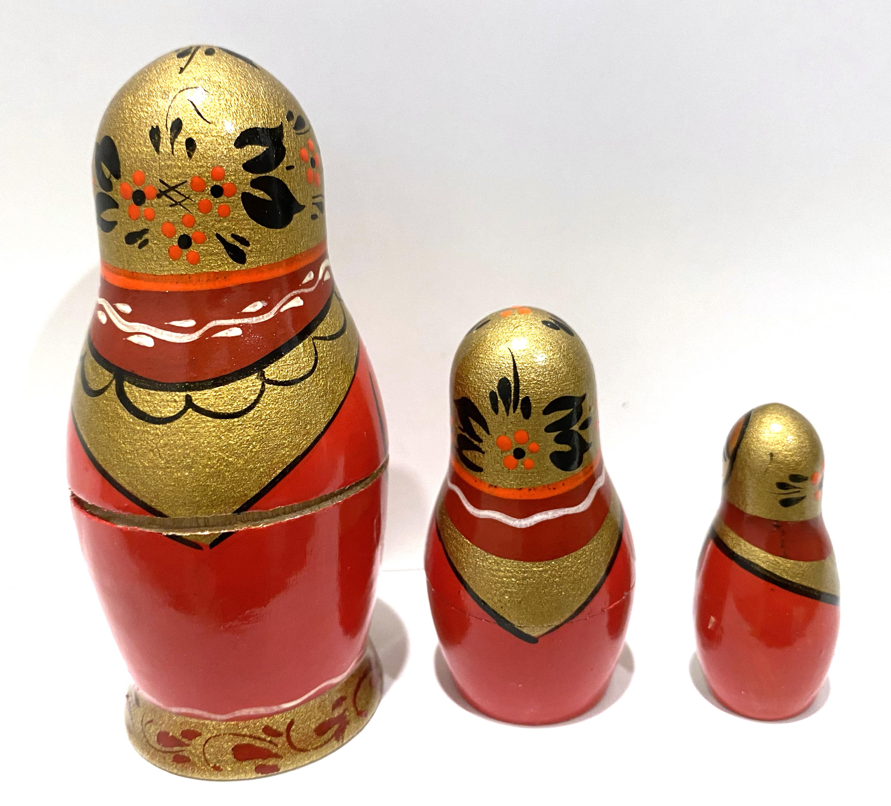 Artists Matryoshka Red girl with gold scarf & gold panel (3 nested set)