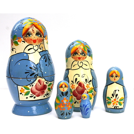 Powder Blue Floral Matryoshka Nesting Dolls – 5 Nested Set