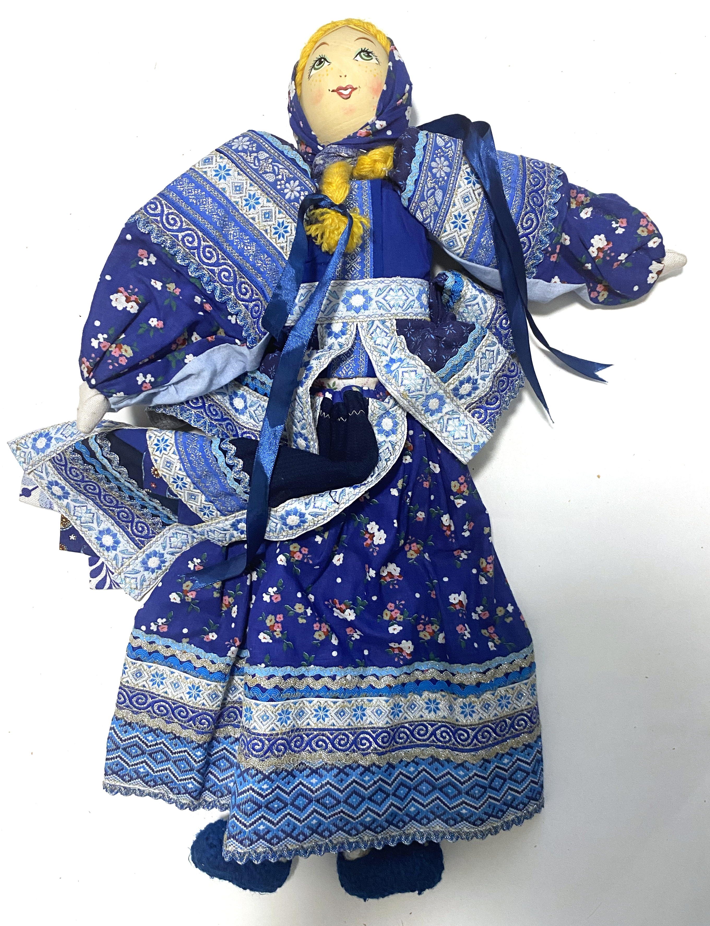 Cloth doll with wooden face, blue gzel