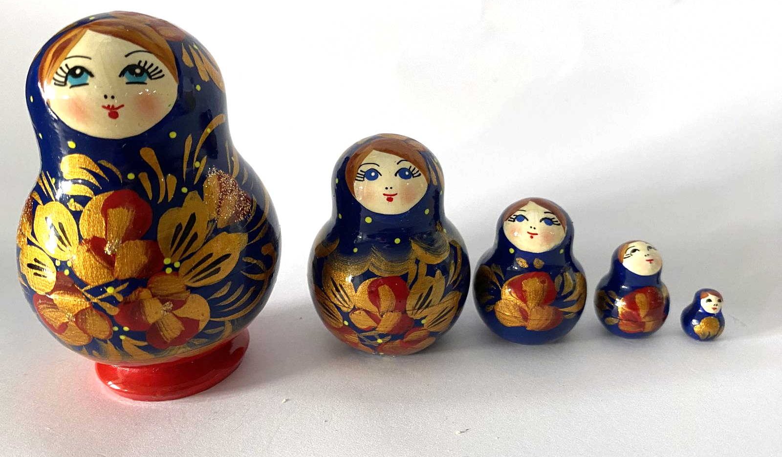 Khokhloma Dark Blue & Gold Matryoshka – small 5 Nested Set