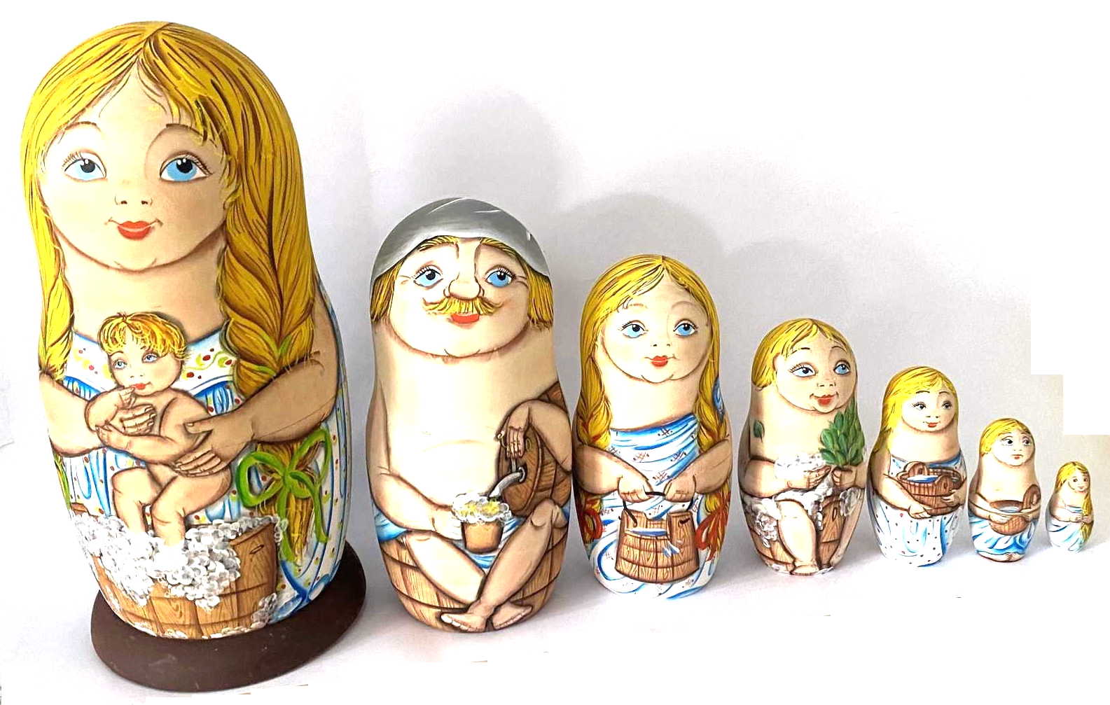 Russian Banya Matryoshka – Artist Signed – 7 Nested Set