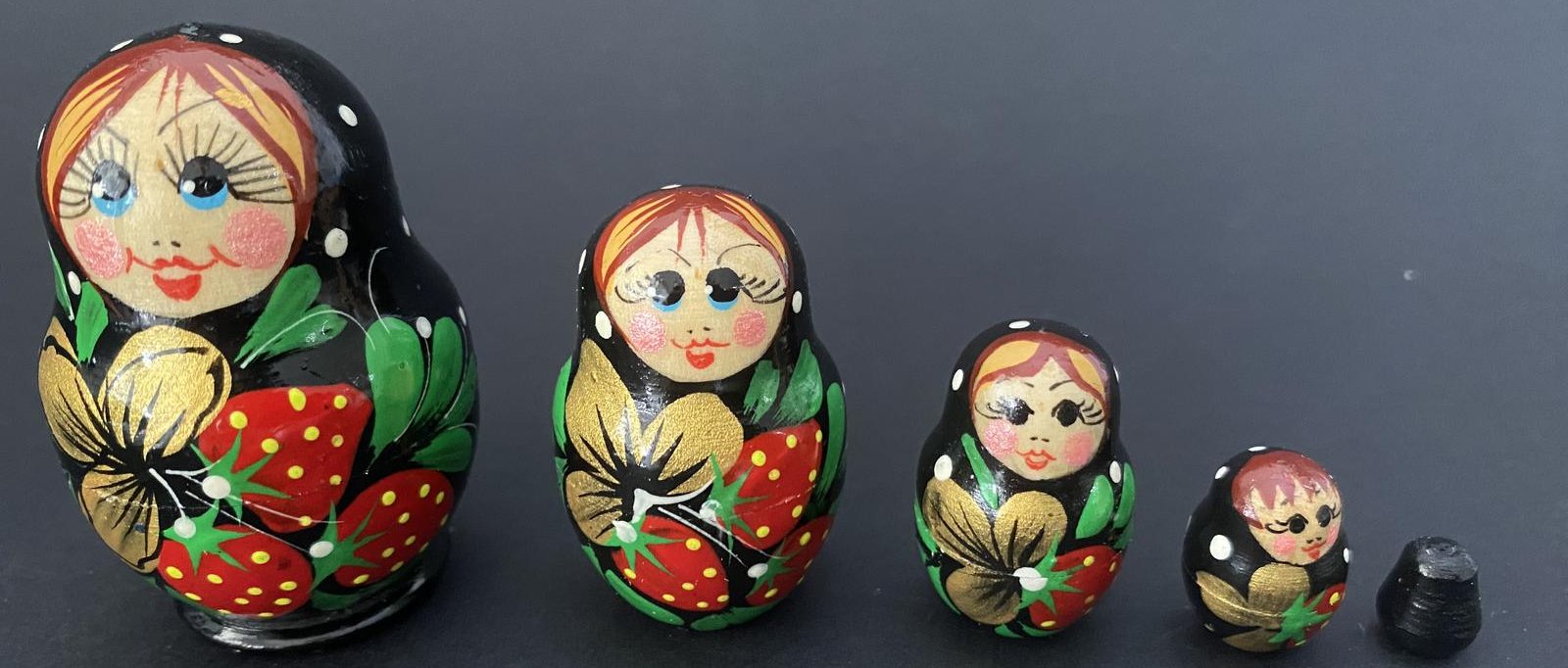Miniature Black Strawberry & Gold Flower Nesting Dolls – 5 Nested Set - 55mm
