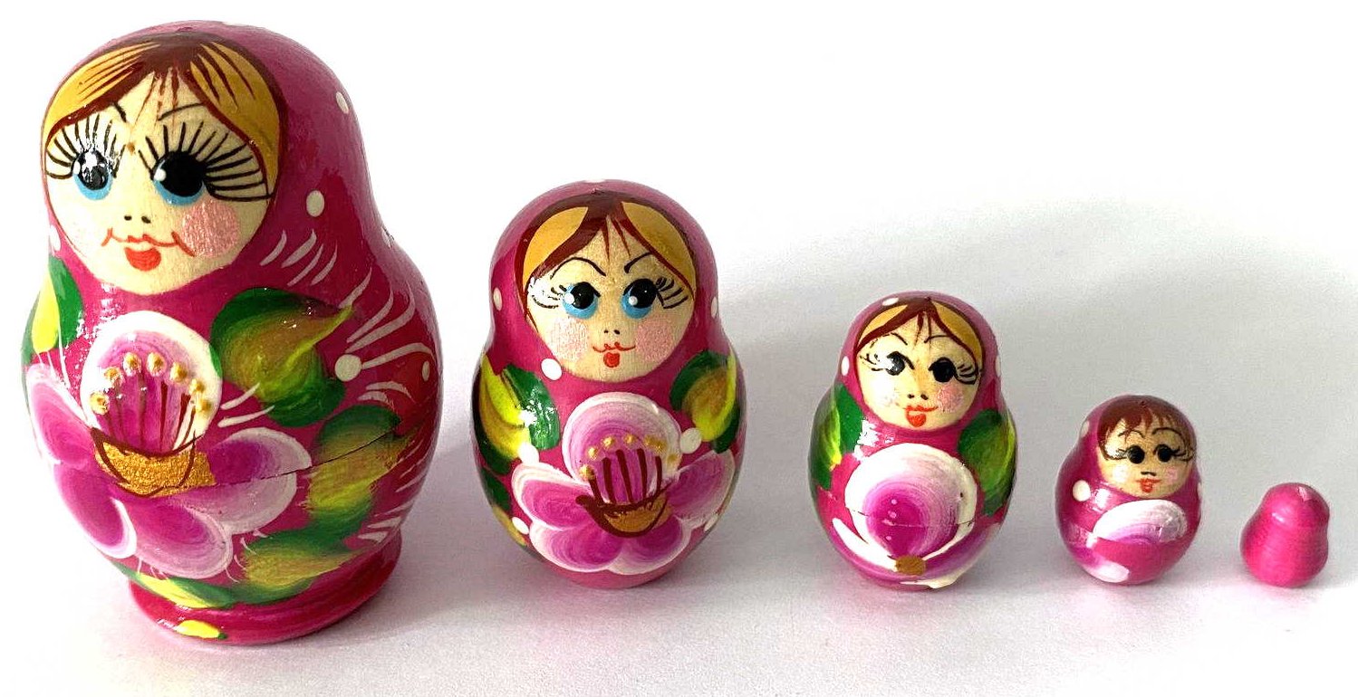 Miniature Pink Lotus & Green Leaf Nesting Dolls – 5 Nested Set - 55mm