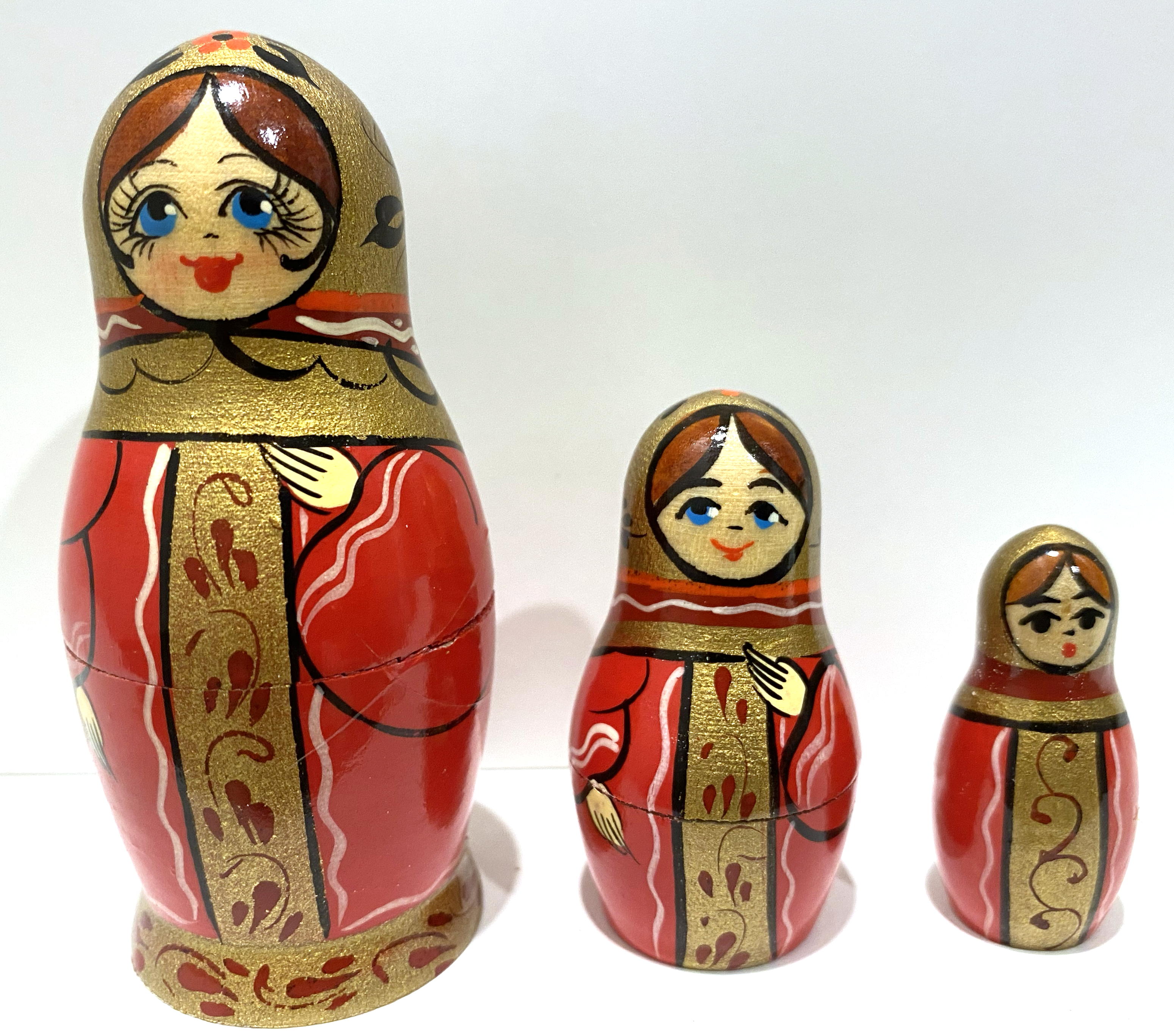Artists Matryoshka Red girl with gold scarf & gold panel (3 nested set)