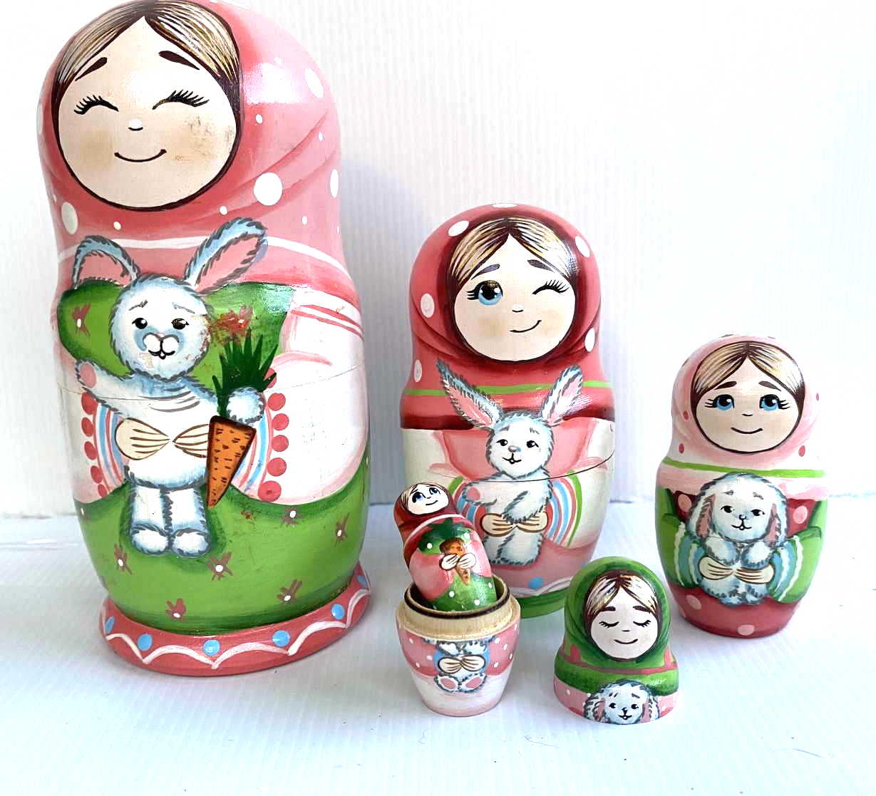 Girl with Bunny Nesting Dolls signed by N.G. - 5 Nested Set