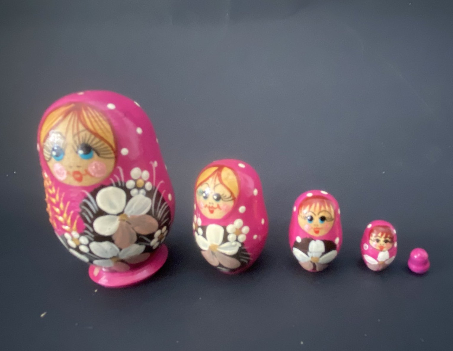 Miniature Pink Wheat & White Flower Nesting Dolls – 5 Nested Set - 55mm