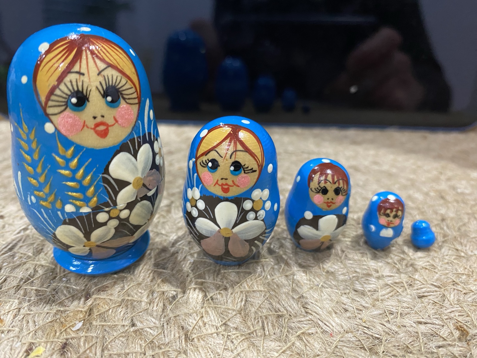 Miniature Blue Daisy Matryoshka – 5 Nested Set – 55mm