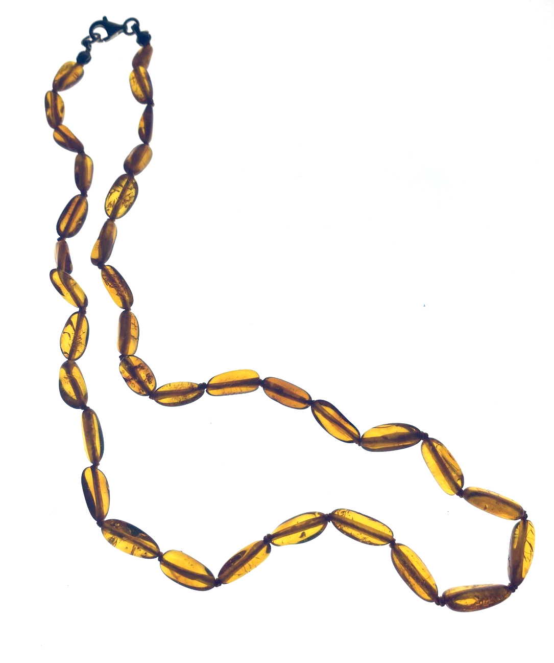 Vintage Natural Baltic Amber Oval Bead Necklace, Clear Lemon Honey, Knotted Strand