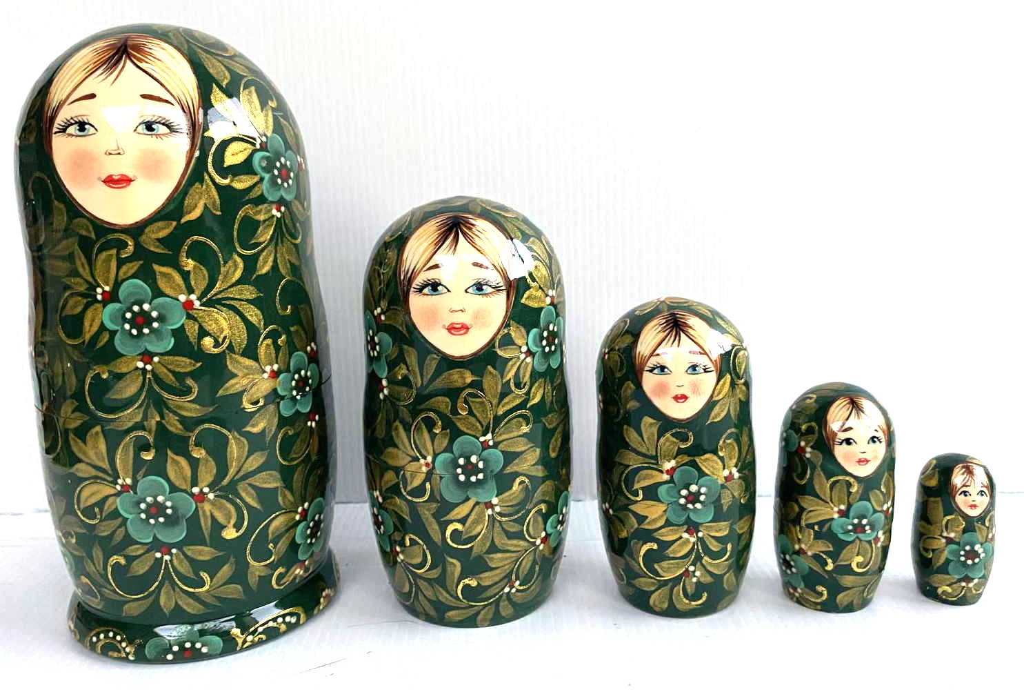 Deep Green & Gold Floral Nesting Dolls - 5 Nested Set, Initialled N.S.