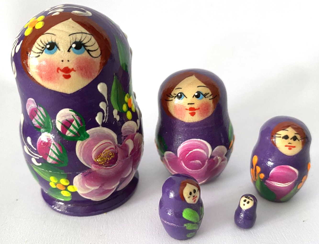 Miniature Purple Rose & Glitter Nesting Dolls – 5 Nested Set - 55mm