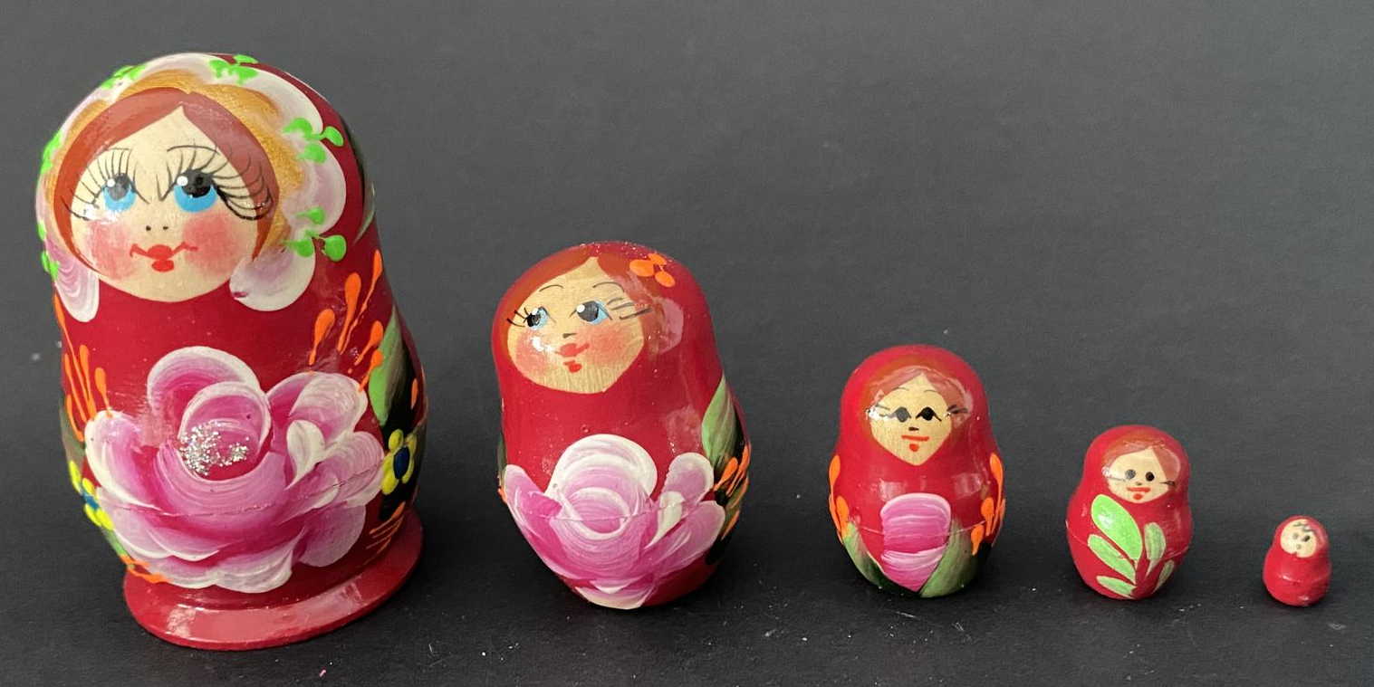 Miniature Red Rose & Glitter Nesting Dolls – 5 Nested Set - 55mm