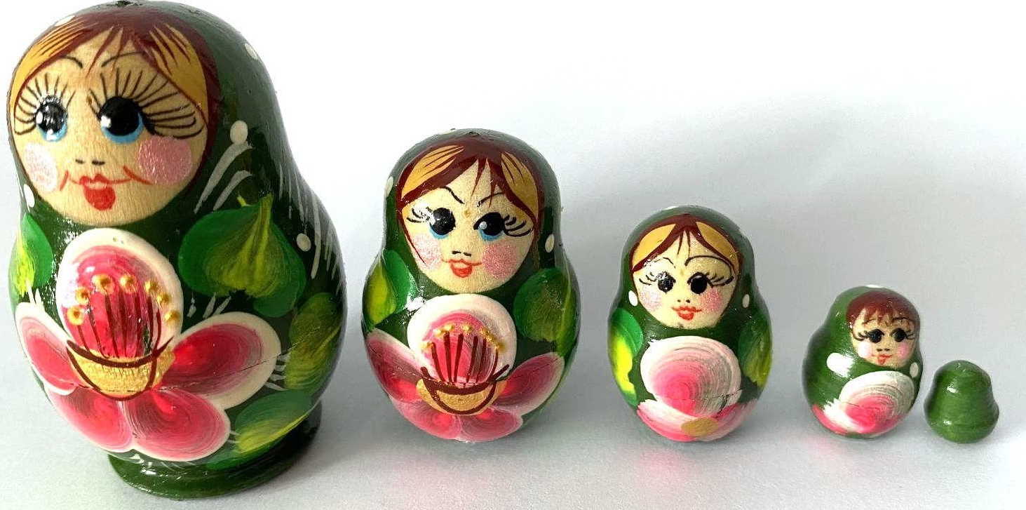 Miniature Green Floral Nesting Dolls – 5 Nested Set