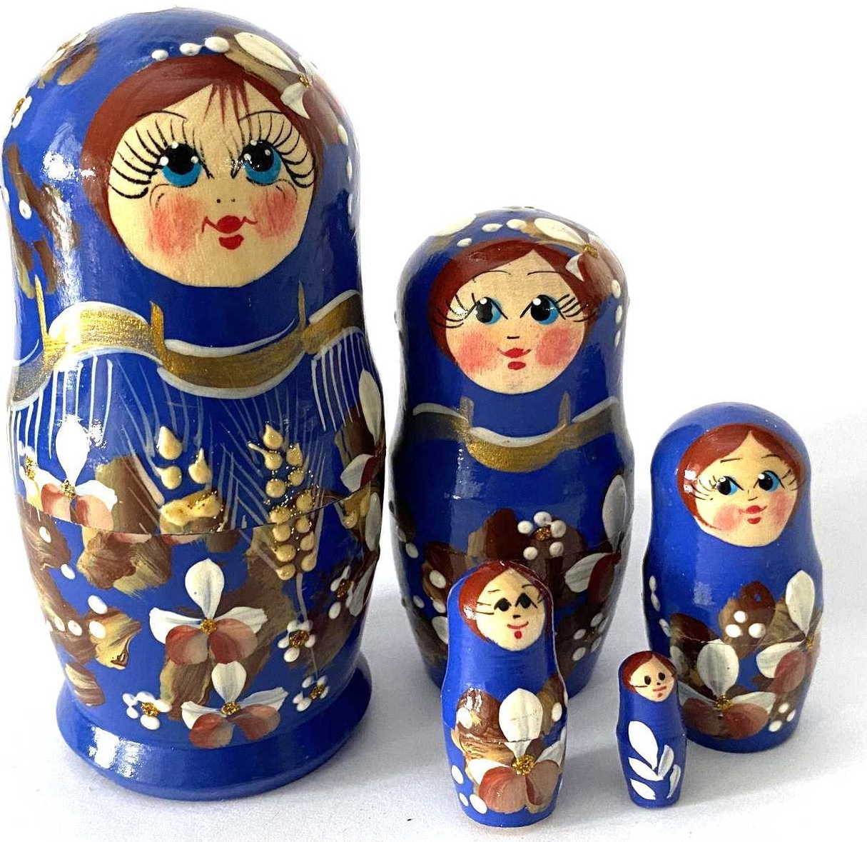 Blue Wheat & Floral Nesting Dolls – 5 Nested Set