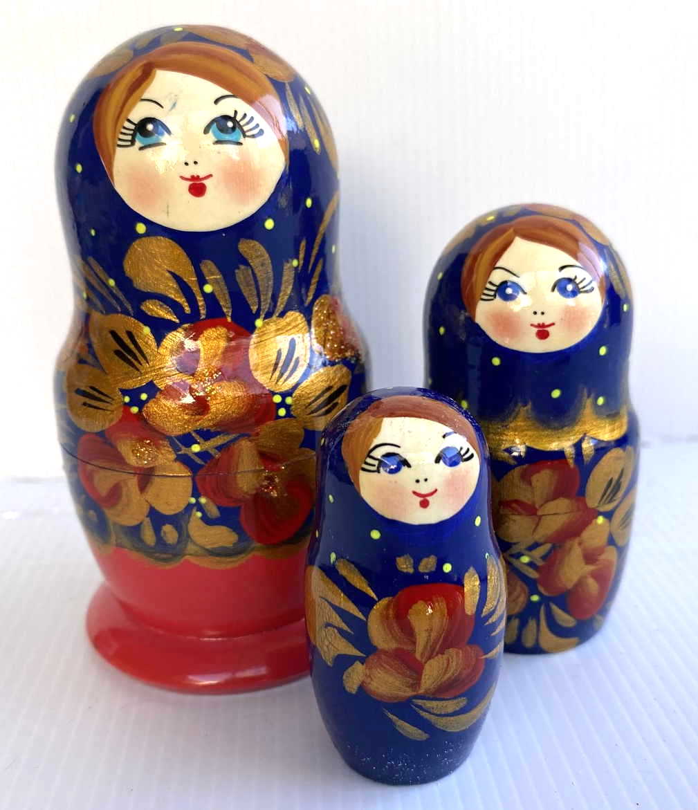 Artists Matryoshka Khokloma style dark blue with red base (3 Nested)