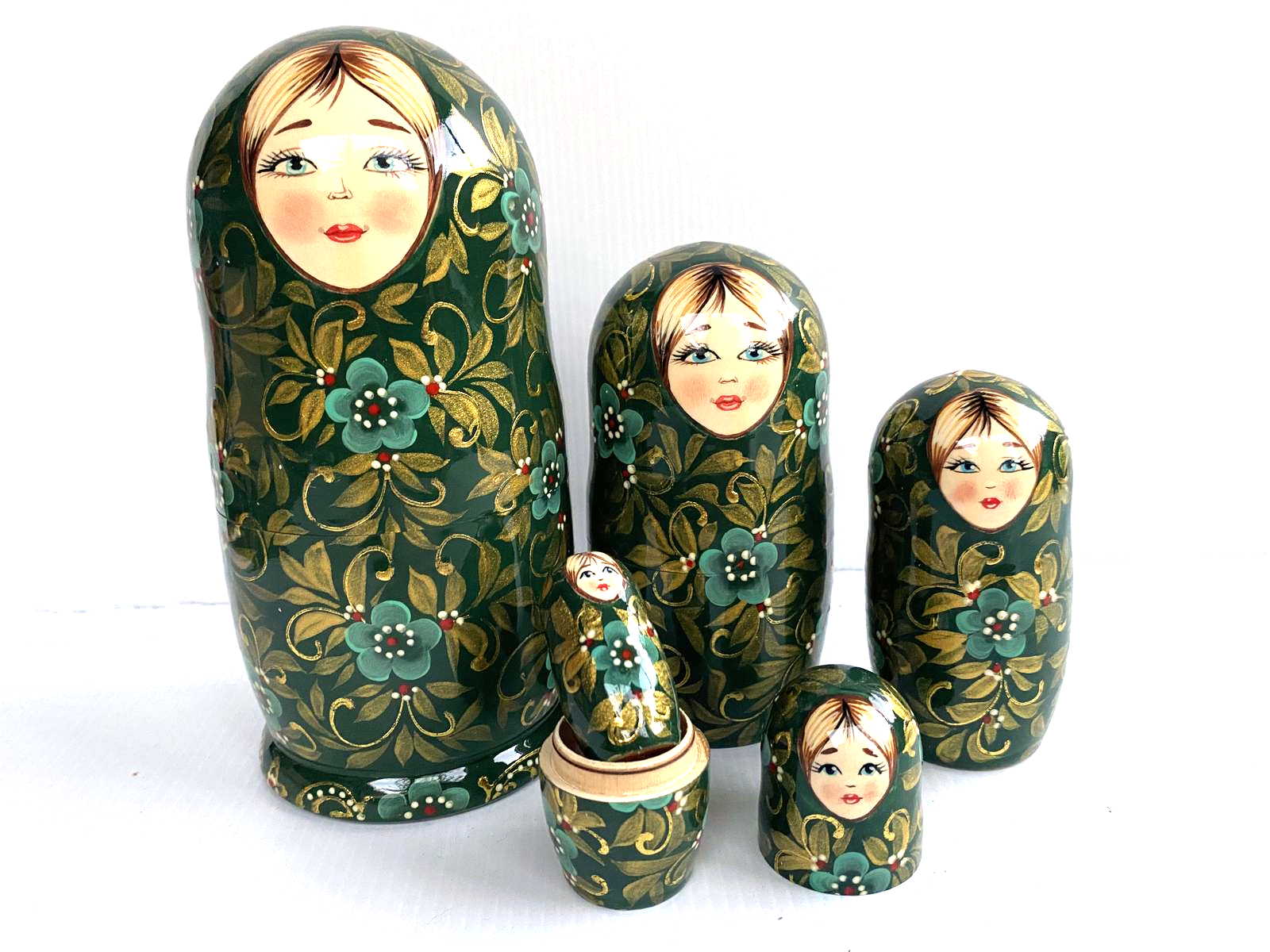 Deep Green & Gold Floral Nesting Dolls - 5 Nested Set, Initialled N.S.