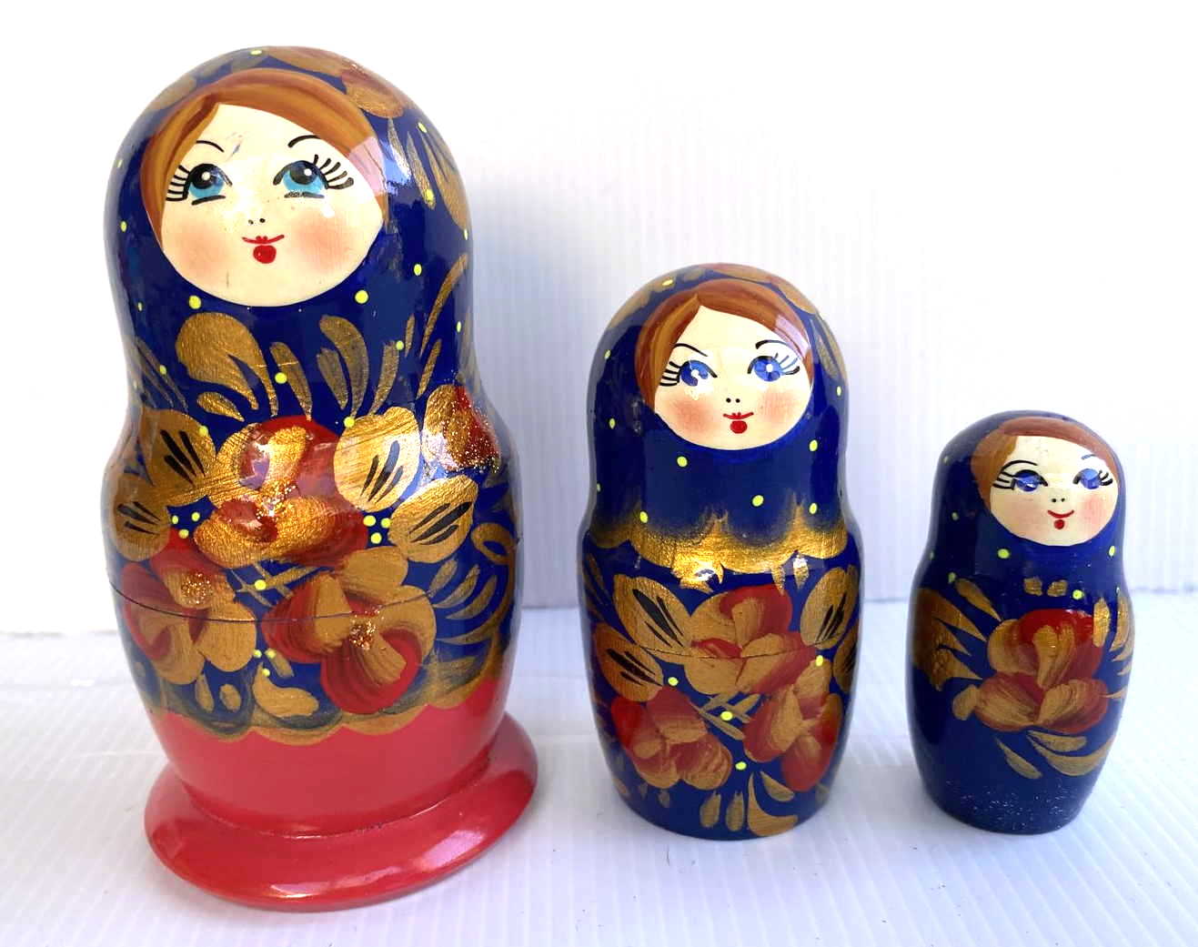 Artists Matryoshka Khokloma style dark blue with red base (3 Nested)