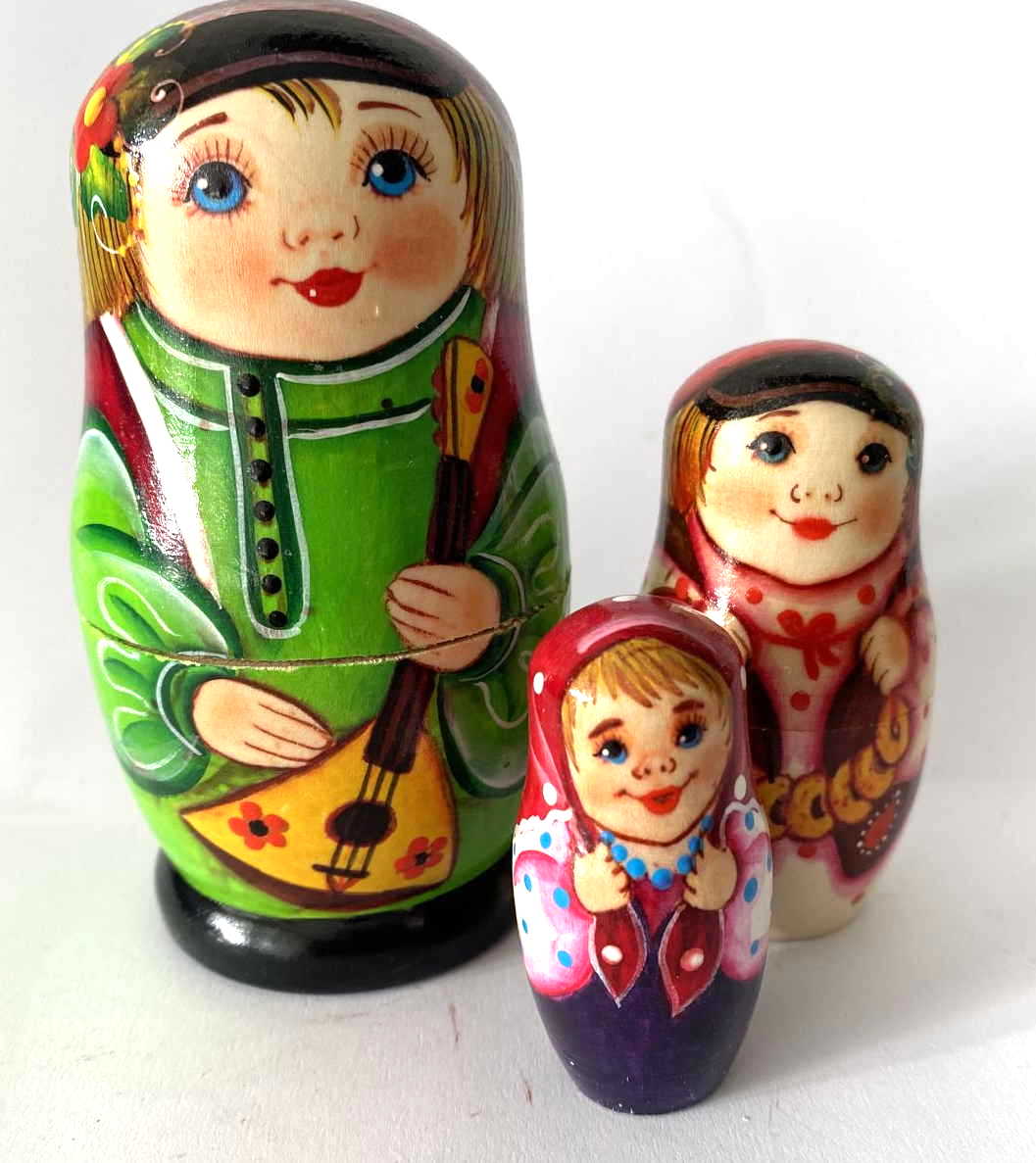 Russian Balalaika Player Nesting Dolls - 3 Nested Set (Green)