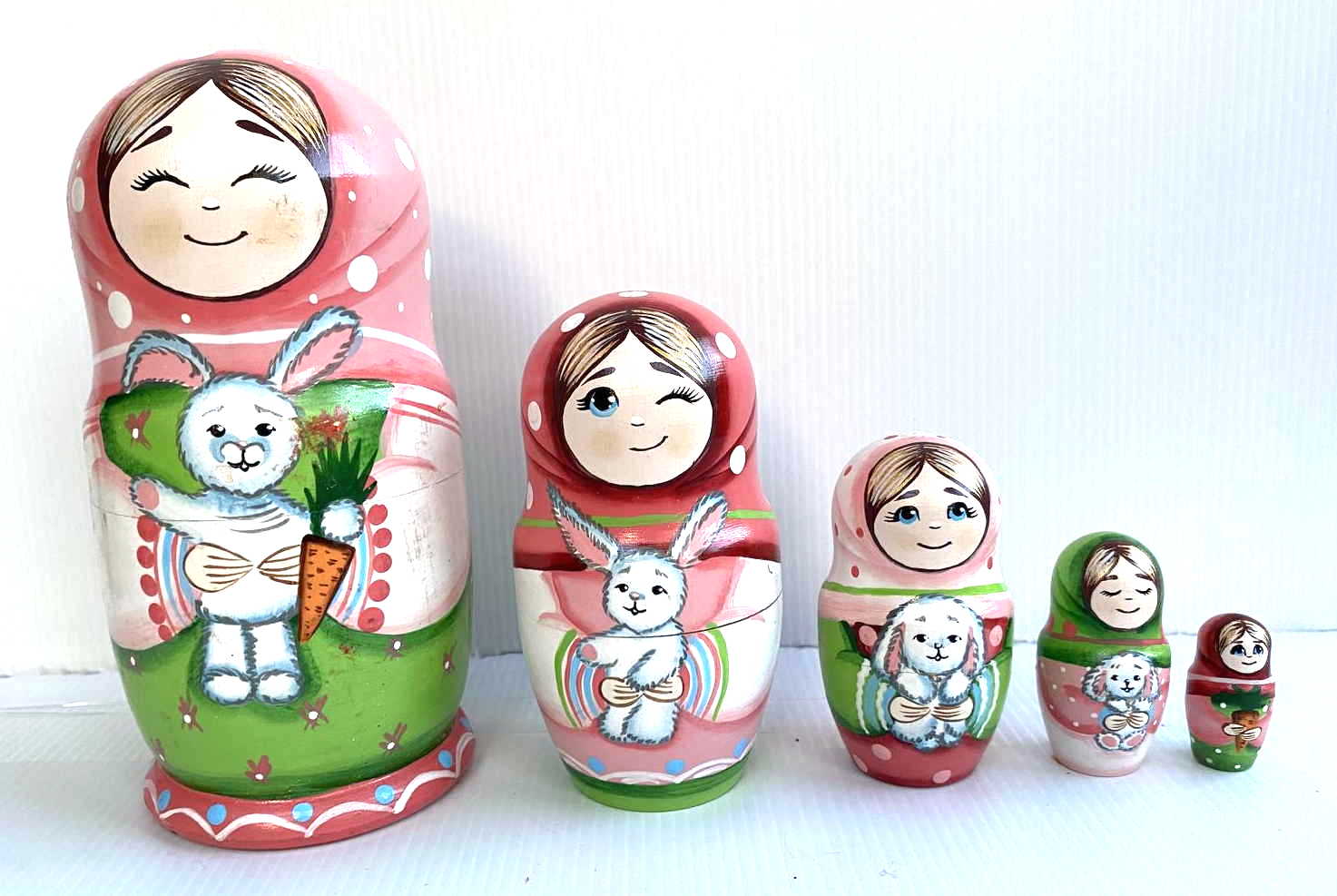 Girl with Bunny Nesting Dolls signed by N.G. - 5 Nested Set
