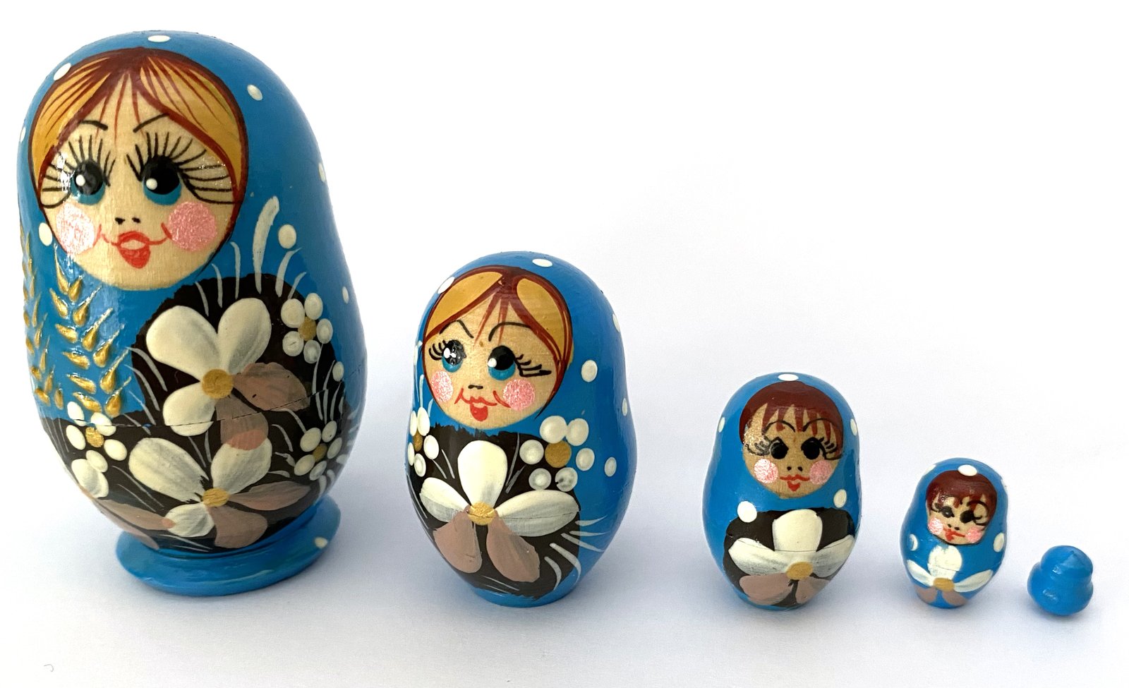 Miniature Blue Daisy Matryoshka – 5 Nested Set – 55mm